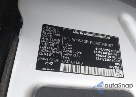 2021 Mercedes-Benz Sprinter 2500 Standard Roof I4 z USA, uszkodzony, nr VIN W1W40BHY3MT048107